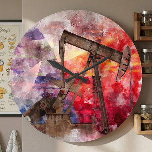 Texas Pumpjack Watercolor with Texas Flag Art Large Clock