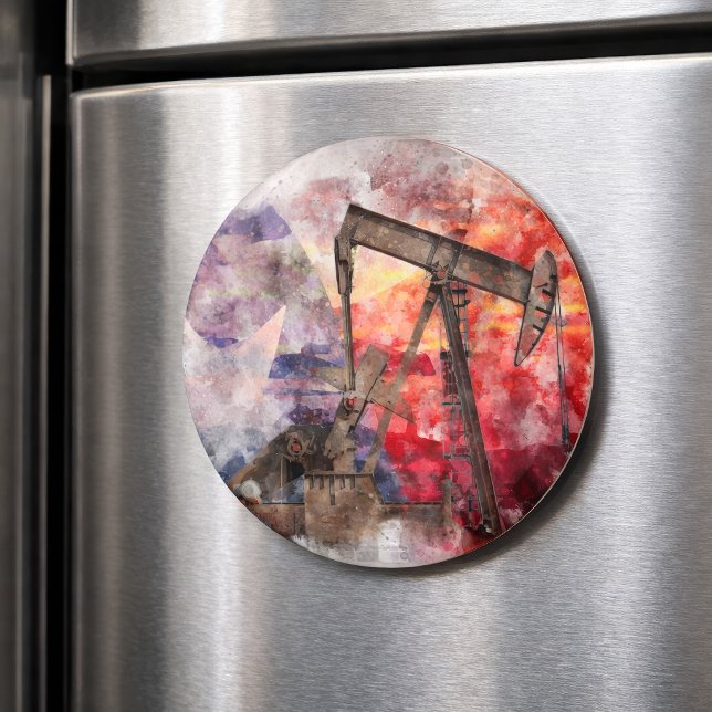 Texas Pumpjack Watercolor with Texas Flag Art Magnet (Texas Pumpjack Watercolor with Texas Flag Art. Magnet)