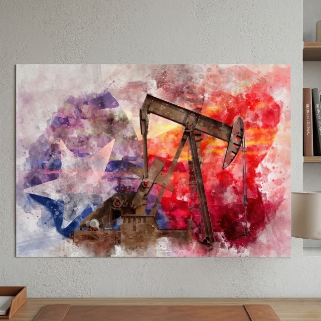 Texas Pumpjack Watercolor with Texas Flag Art Poster (Texas Pumpjack Watercolor with Texas Flag Art. Poster)