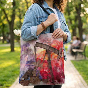 Texas Pumpjack Watercolor with Texas Flag Art Tote Bag