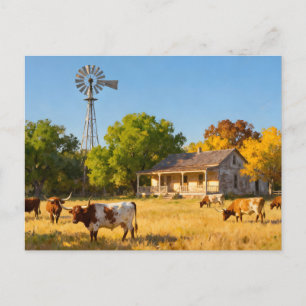 Texas Ranch House and Longhorns in Fall Postcard