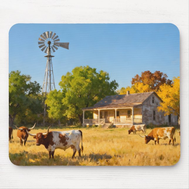 Texas Ranch House in Fall with Longhorns Mouse Mat (Front)
