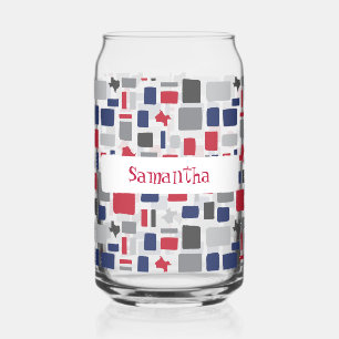 Texas Red & Blue Wonky Squares & Rectangles Can Glass