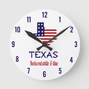 Texas Rocks Red White & Blue Round Clock