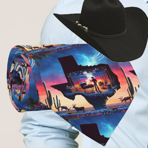 Texas Shape BBQ Pit Cowboy Deer Sunset Tie