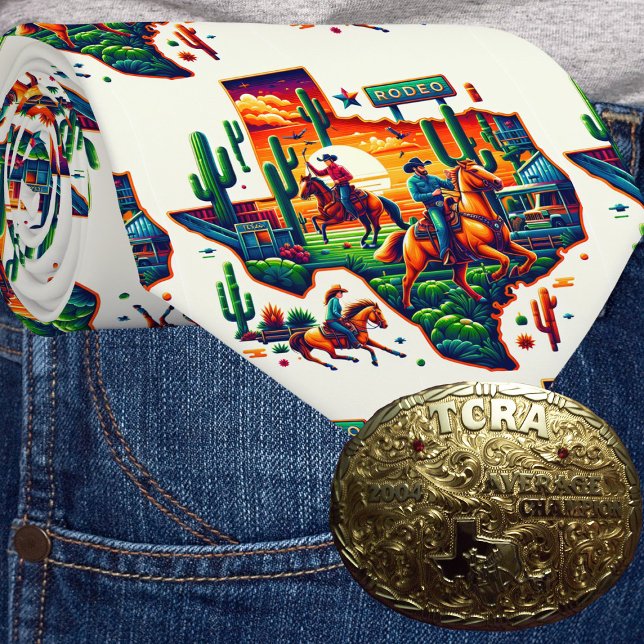 Texas Shape Cowboy Cowgirl Cactus Rodeo Sign Tie (Texas themed western necktie with cowboys, cowgirls, Texas landscape and a Rodeo sign.)