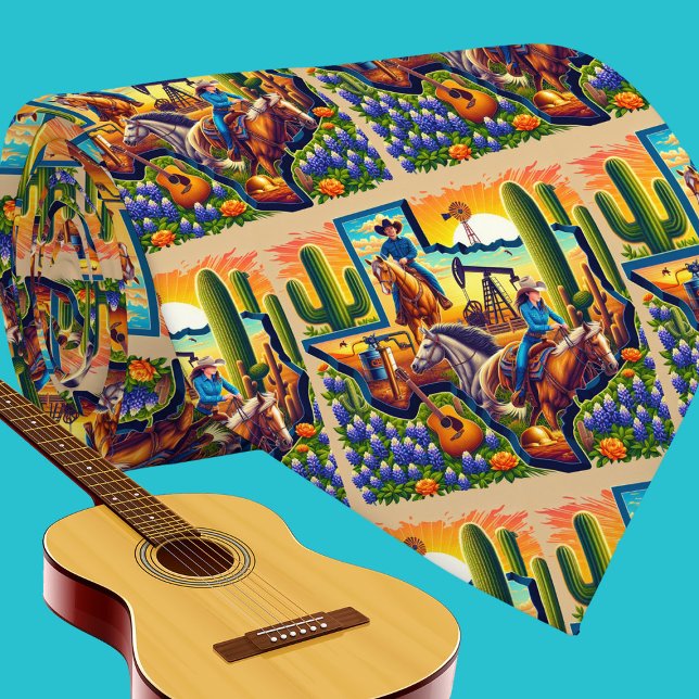 Texas Shape Oil Pump Cowboy Cowgirl Horse Guitar Tie (Texas necktie with cowboy, cowgirl, horses, oil pump, guitars and bluebonnets.)