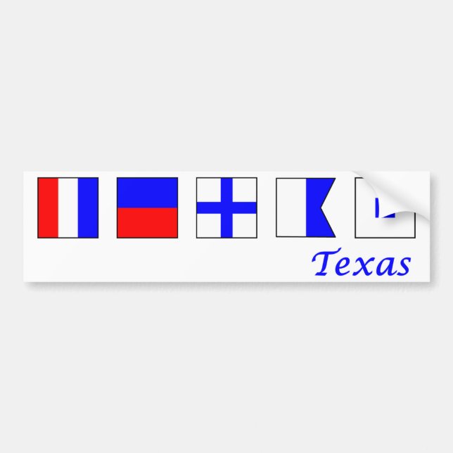 Texas spelled in nautical flag alphabet bumper sticker (Front)