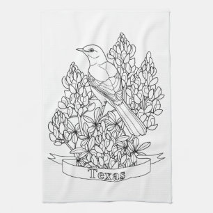 Texas State Bird & Flower Colouring Page Tea Towel