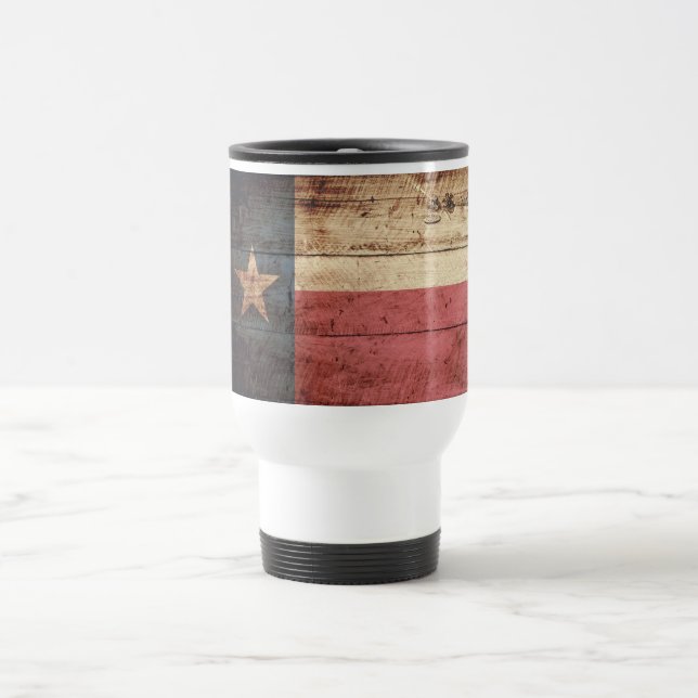 Texas State Flag on Old Wood Grain Travel Mug (Center)
