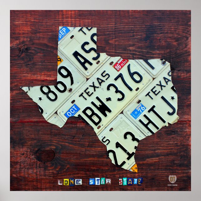 Texas State License Plate Map on Wood Boards Poster (Front)