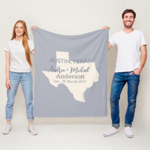 Texas State Map Couple Name and Date Wedding Fleece Blanket