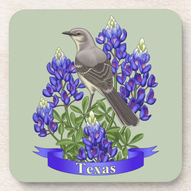 Texas State Mockingbird & Bluebonnet Flower Coaster (Front)