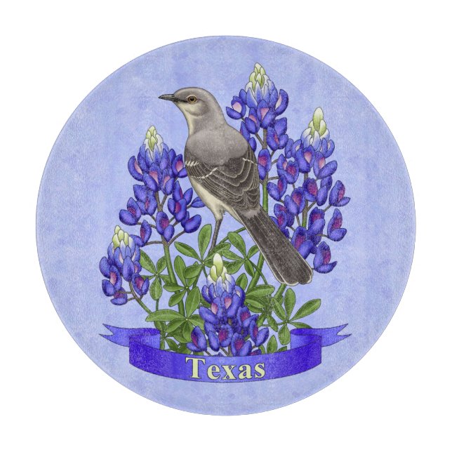 Texas State Mockingbird & Bluebonnet Flower Cutting Board (Front)