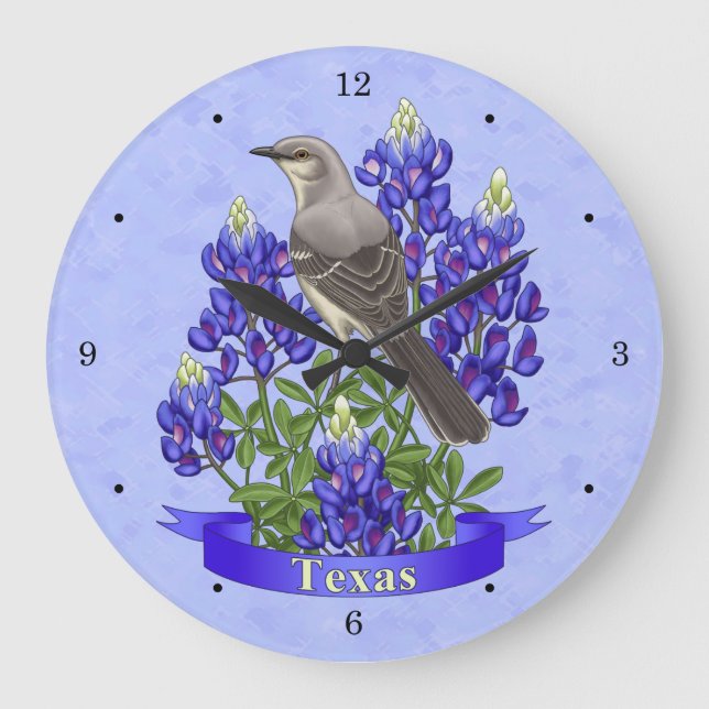 Texas State Mockingbird & Bluebonnet Flower Large Clock (Front)