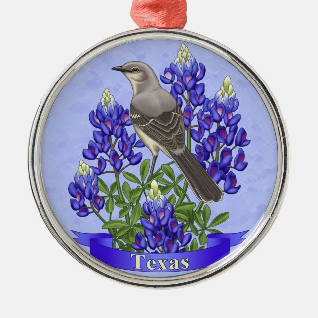 Texas State Mockingbird & Bluebonnet Flower Metal Tree Decoration (Front)