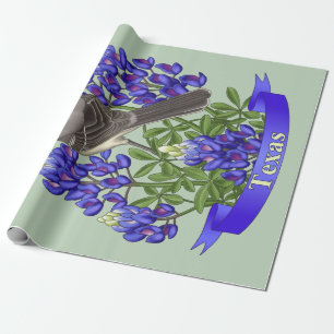 Texas State Mockingbird & Bluebonnet Flower Wrapping Paper