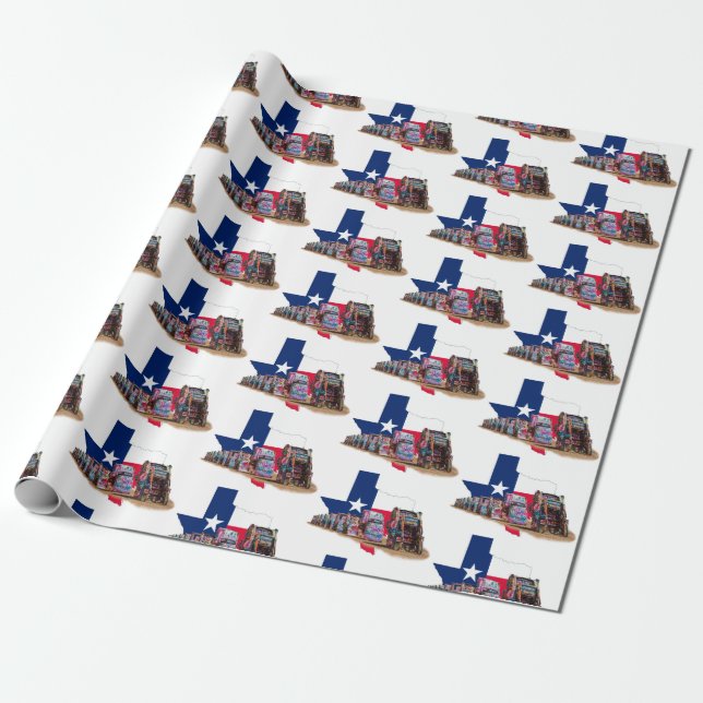 Texas State Outline, Colours & Cadillac Ranch Wrap Wrapping Paper (Unrolled)
