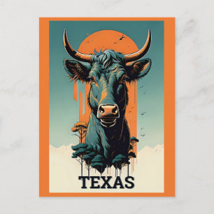 Texas Stylised Retro Bull Travel Postcard