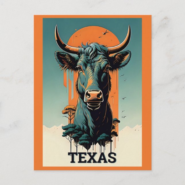 Texas Stylised Retro Bull Travel Postcard (Front)