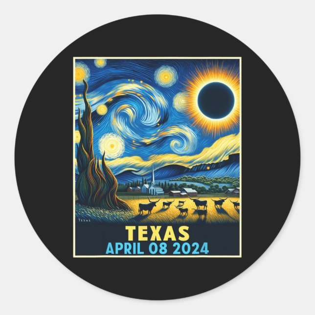 Texas Total Solar Eclipse 2024 Starry Night  Classic Round Sticker (Front)