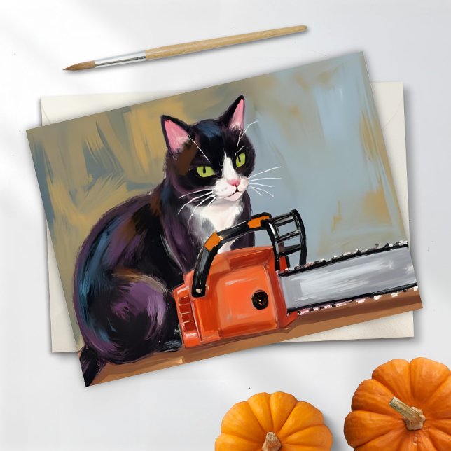 Texas Tuxedo Cat Chainsaw Massacre Funny Halloween Holiday Card (Creator Uploaded)