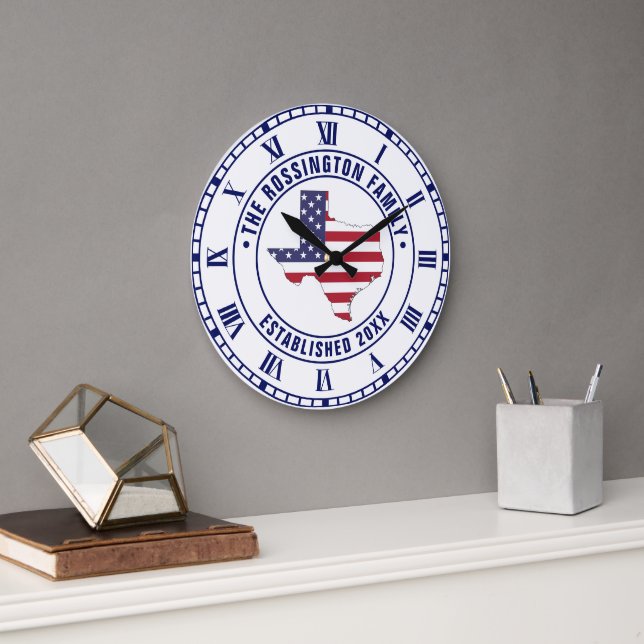 Texas USA Stars Stripes Map Family Name Dt Estd Large Clock (Office)