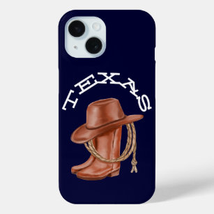 Texas Watercolor Cowboy Cowgirl Brown and Blue iPhone 15 Case