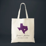 Texas Wedding Welcome Tote Bag<br><div class="desc">Welcome out of town wedding guests with a bag full of snacks and treats personalised with the state where you're getting married and the bride and groom's names and wedding date. Click Customise It to move the heart to show any city or location on the state map. Use the design...</div>