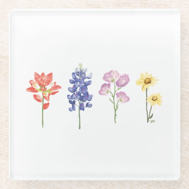 Texas Wild Flowers - Indian Paintbrush, Bluebonnet Glass Coaster (Front)