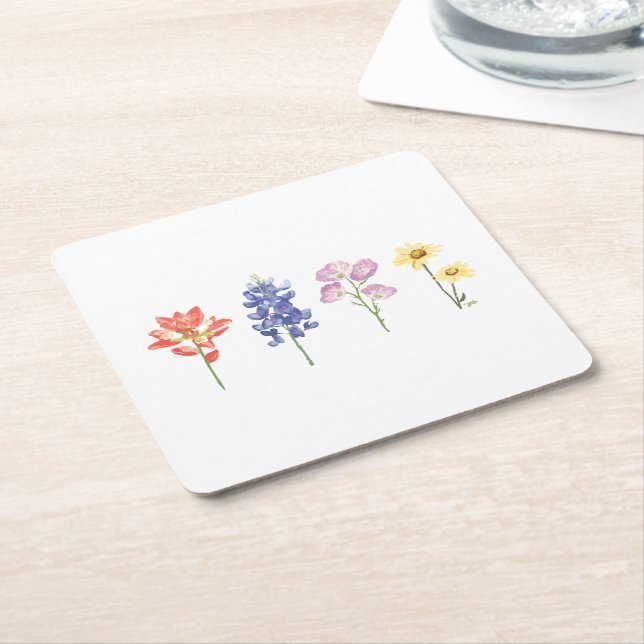 Texas Wild Flowers - Indian Paintbrush, Bluebonnet Square Paper Coaster (Angled)