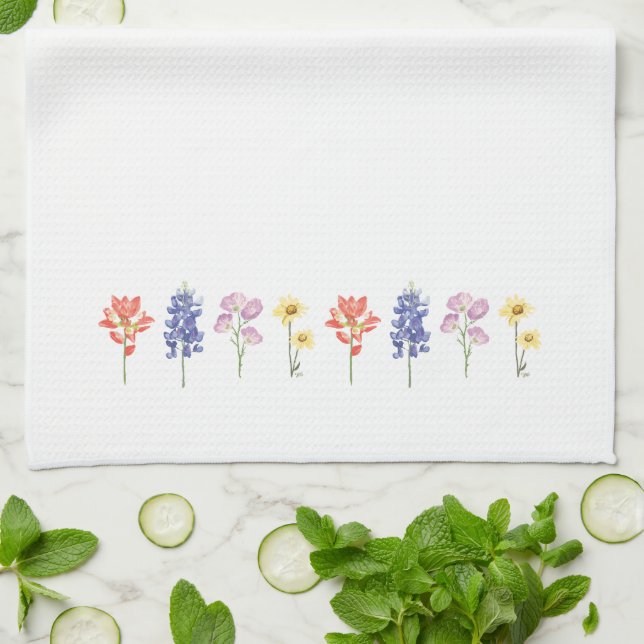 Texas Wild Flowers - Indian Paintbrush, Bluebonnet Tea Towel (Folded)