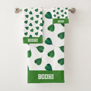 Text and Green Bodhi Leaves on White Bath Towel Set