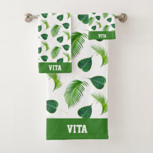 Text and Green Leaves on White  Bath Towel Se