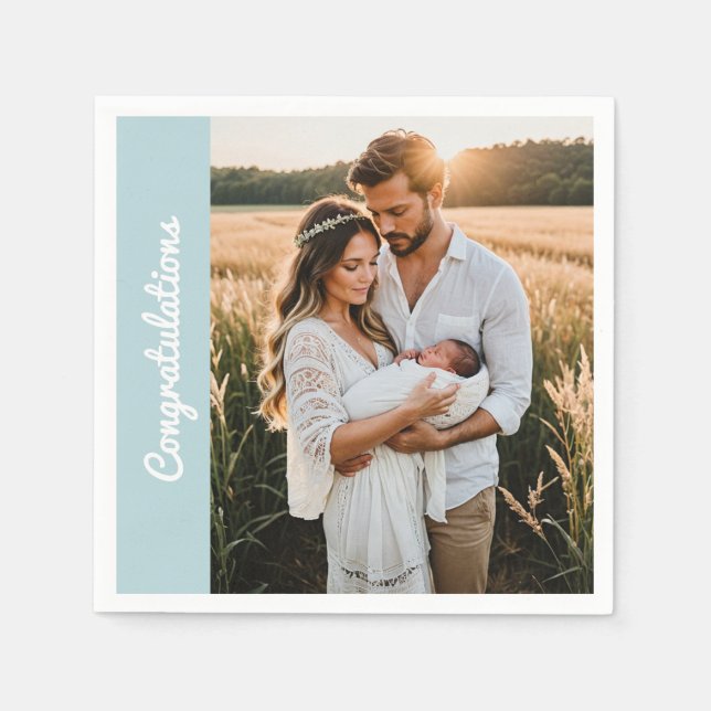 text and photo custom personalised party blue  napkin (Front)