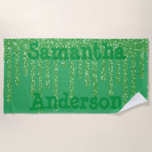 Text And Sparkly Wax Drips Green Personalised Beach Towel