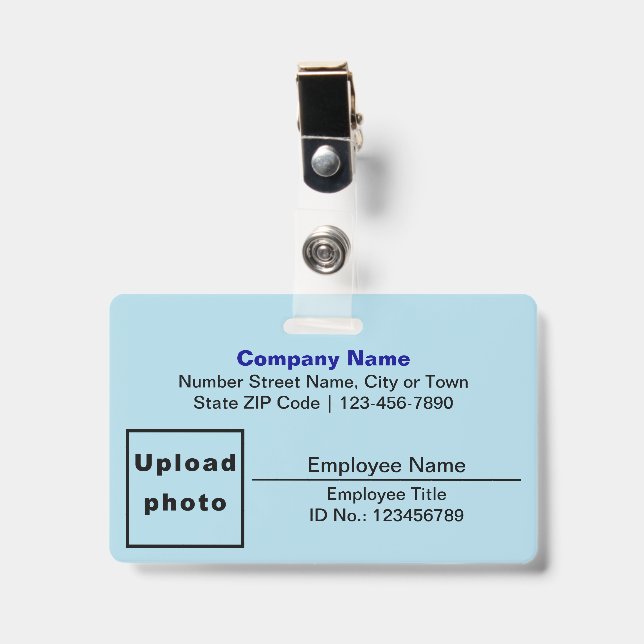 Text Based W/ Employee Photo Rectangle Light Blue ID Badge (Front with Clip)