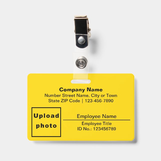 Text Based With Employee Photo Rectangle Yellow ID Badge (Front with Clip)