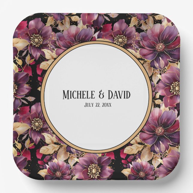 Text Black Gold Burgundy Floral pattern border  Paper Plate (Front)