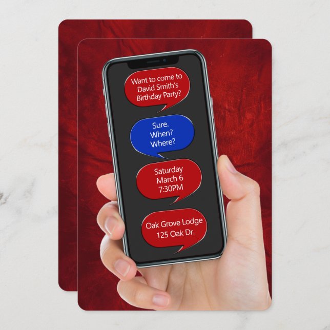 Text Bubbles for Birthday Party On Red Leather Invitation (Front/Back)