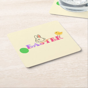 Text, bunny and chic Easter themed Square Paper Coaster