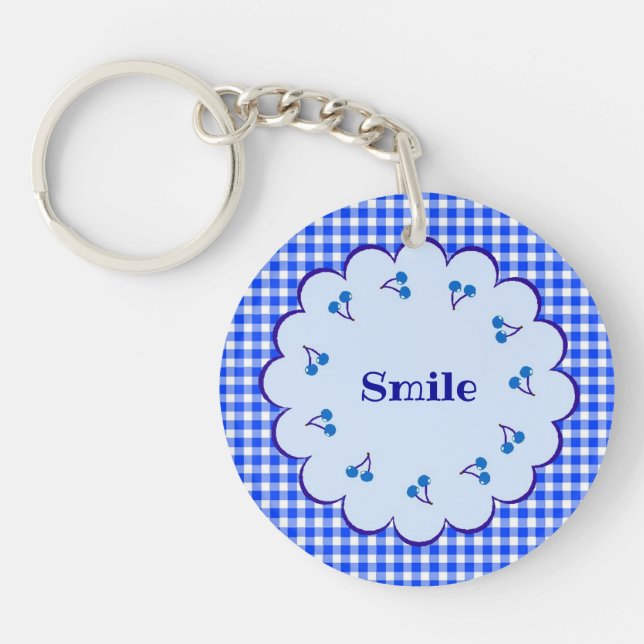 Text Custom Cherry×Check (Blue) Key Holder Key Ring (Front)