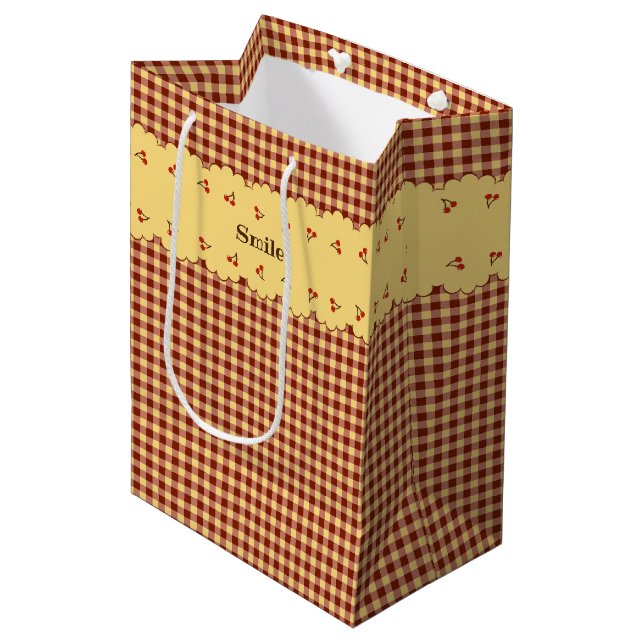Text Customization Cherry Check Brown Medium Paper Gift Bag (Front Angled)