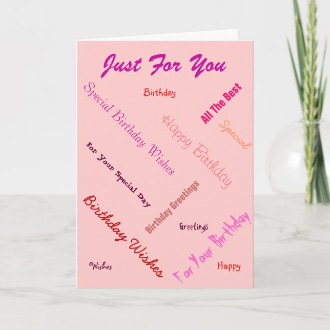 text design birthday greetings on pink background card (Front)