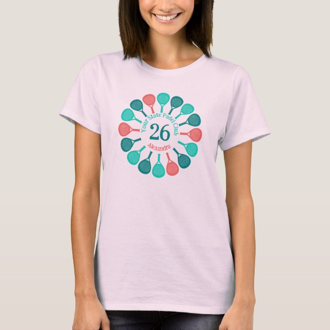 Text front & Back Teal & Coral Padel Racket Circle T-Shirt (Front)