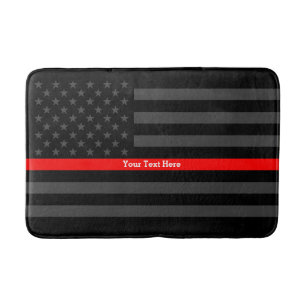 Text on Thin Red Line Custom Grey US Flag on a Bath Mat