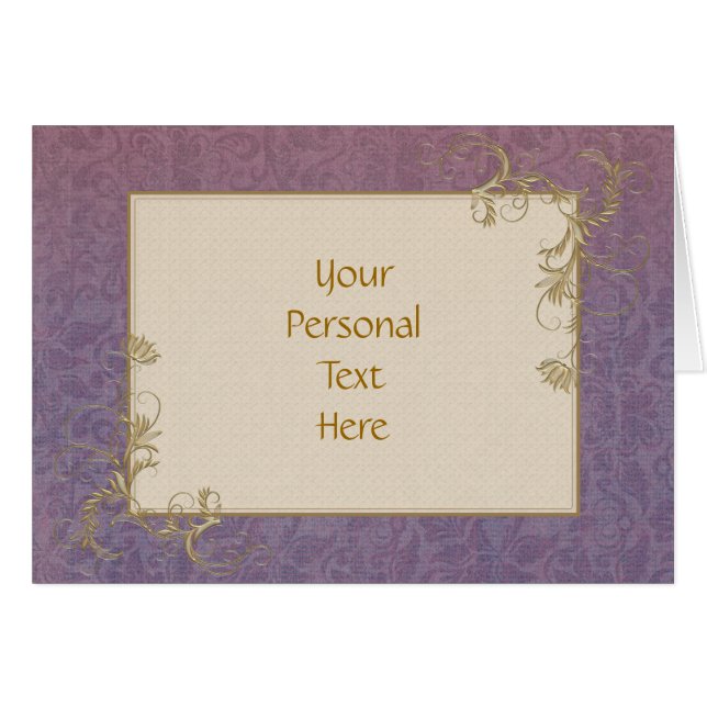 Text Template Gold Rose and Purple Damask Cards (Front Horizontal)