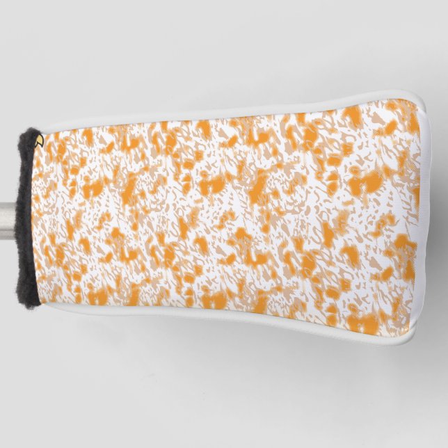 Textile pattern featuring a vibrant orange and gol golf head cover (Front)
