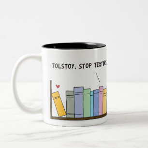 Texting on The Bookshelf black  Two-Tone Coffee Mug