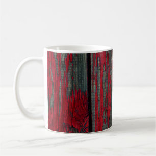 Texture of old wooden fence painted in red and ora coffee mug